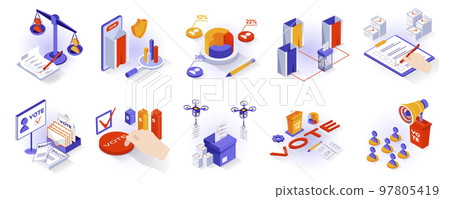 Election and voting concept isometric 3d icons set. Ballot papers, candidate selection, voting booths, exit polls, political campaigning of voters, isometry isolated collection. Vector illustration 97805419