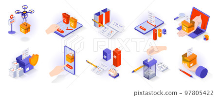 Election and voting concept isometric 3d icons set. E-voting at mobile app or computer, ballot box, candidate lists, results, election security, isometry isolated collection. Vector illustration 97805422