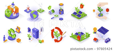 Eco lifestyle concept isometric 3d icons set. Alternative energy sources, climate change, nature and ecology protection, recycling and waste sorting, isometry isolated collection. Vector illustration 97805424