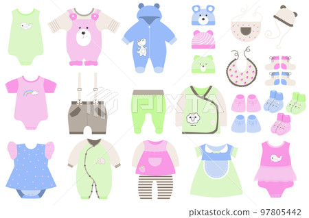 Cute baby clothes and shoes set in flat cartoon design. Childrens wardrobe for infant boy and girl. Bodysuits, dresses, rompers, shirts, pants, hats and others isolated elements. Vector illustration 97805442