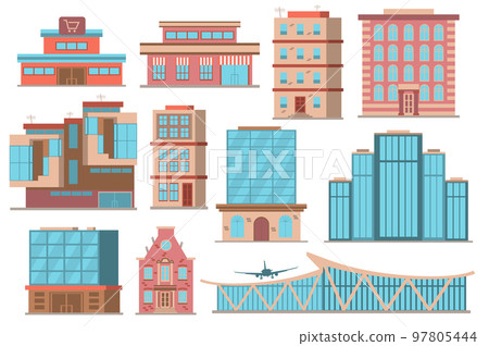 City buildings concept collection in flat cartoon design. Different types of private or public buildings in modern architecture style. Real estate cityscape set isolated elements. Vector illustration City buildings concept collection in flat cartoon design. Different types of private or public buildings in modern architecture style. Real estate cityscape set isolated elements. Vector illustration 97805444
