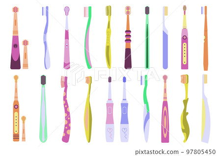 Toothbrushes concept collection in flat cartoon design. Different types and colors of toothbrushes set isolated elements. Cleaning tools for mouth. Dental hygiene and oral care. Vector illustration Toothbrushes concept collection in flat cartoon design. Different types and colors of toothbrushes set isolated elements. Cleaning tools for mouth. Dental hygiene and oral care. Vector illustration 97805450