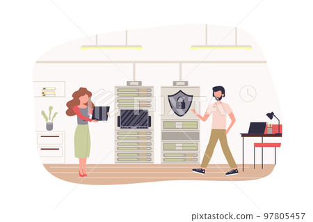 Cyber security team work at office modern flat concept. Protection against internet attacks. Man and woman work in datacenter hardware room. Vector illustration with people scene for web banner design 97805457