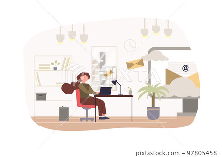 Email service modern flat concept. Woman writes letter and sends it using laptop. Online correspondence, promotion and business marketing. Vector illustration with people scene for web banner design 97805458