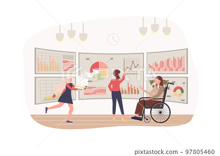 Data analysis and business statistics modern flat concept. Women study charts and graphs on huge screens. Accessibility in office space. Vector illustration with people scene for web banner design 97805460