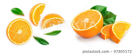 orange with leaves isolated on white background. Top view. Flat lay 97805572