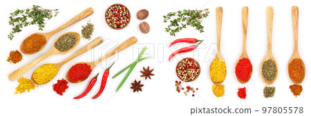 mix of spices in wooden spoon isolated on a white background. Top view. Flat lay. Set or collection 97805578