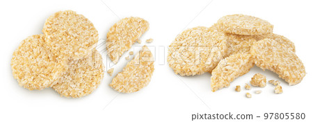 coconut cookies with white flax seeds and honey isolated on white background. Healthy food. Top view. Flat lay coconut cookies with white flax seeds and honey isolated on white background. Healthy food. Top view. Flat lay 97805580