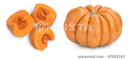 Fresh orange pumpkin isolated on white background with full depth of field. Top view. Flat lay 97805583