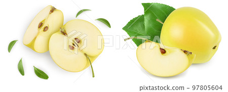 yellow apple half isolated on white background with full depth of field. Top view. Flat lay. yellow apple half isolated on white background with full depth of field. Top view. Flat lay. 97805604