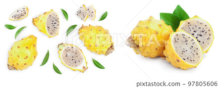 Dragon fruit, Pitaya or Pitahaya yellow with leaf isolated on white background. Top view. Flat lay Dragon fruit, Pitaya or Pitahaya yellow with leaf isolated on white background. Top view. Flat lay 97805606