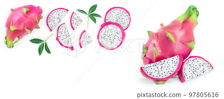 Dragon fruit, Pitaya or Pitahaya isolated on white background with copy space for your text. Top view. Flat lay 97805616