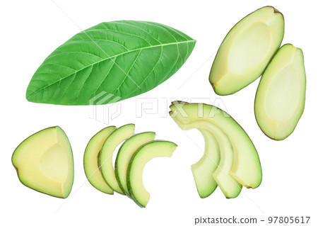 avocado and slices isolated on white background. Top view. Flat lay 97805617