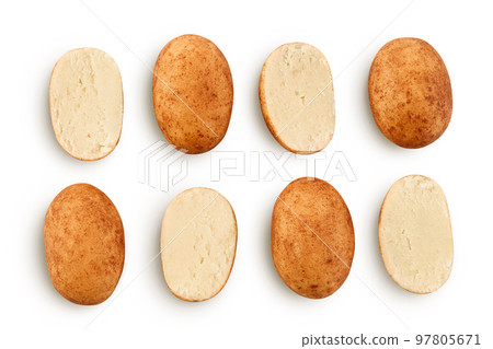 Marzipan balls or potatoes with almond isolated on white background full depth of field. Top view. Flat lay. Set or collection 97805671