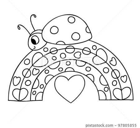 Cute ladybug. Funny insect on rainbow. Vector illustration. Outline drawing. doodle ladybird character. 97805855