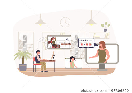 Distance learning modern flat concept. Boy pupil sits at home and watches video lesson with teacher and classmates. Online education. Vector illustration with people scene for web banner design Distance learning modern flat concept. Boy pupil sits at home and watches video lesson with teacher and classmates. Online education. Vector illustration with people scene for web banner design 97806200