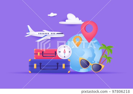 Traveling and go on vacation concept 3D illustration. Icon composition with passenger suitcases, compass, airplane, global tourism, sea resort, location pins. Vector illustration for modern web design Traveling and go on vacation concept 3D illustration. Icon composition with passenger suitcases, compass, airplane, global tourism, sea resort, location pins. Vector illustration for modern web design 97806218