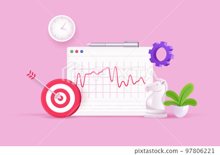 Business strategy and data analysis concept 3D illustration. Icon composition with graph, chess, aiming target, settings, clock. Success project development. Vector illustration for modern web design 97806221