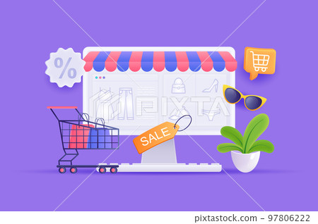 Discount store and online shopping concept 3D illustration. Icon composition with goods on computer screen, sale with discounts, cart with purchases in bags. Vector illustration for modern web design 97806222