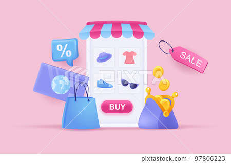 Mobile shopping application concept 3D illustration. Icon composition with goods on smartphone screen, sale with discounts, wallet with coins, credit card. Vector illustration for modern web design 97806223