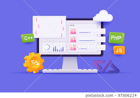 Web development and programming concept 3D illustration. Icon composition with page settings at computer screen, cloud computing, coding, php, java script. Vector illustration for modern web design Web development and programming concept 3D illustration. Icon composition with page settings at computer screen, cloud computing, coding, php, java script. Vector illustration for modern web design 97806224