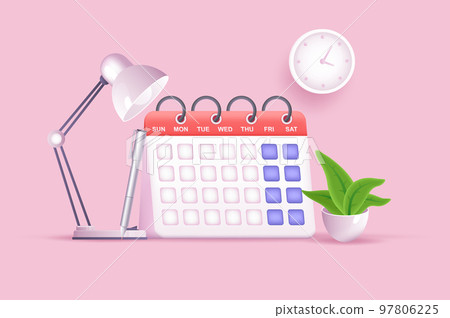 Calendar in office work organization concept 3D illustration. Icon composition with desk calendar, lamp, plant and wall clock. Time management and planning. Vector illustration for modern web design Calendar in office work organization concept 3D illustration. Icon composition with desk calendar, lamp, plant and wall clock. Time management and planning. Vector illustration for modern web design 97806225