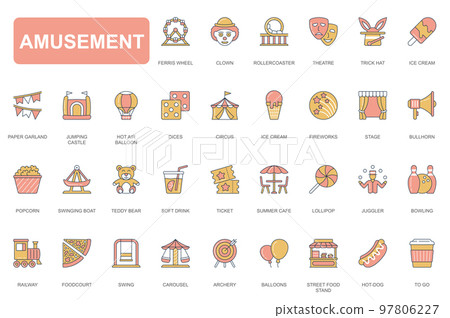Amusement park concept simple line icons set. Pack outline pictograms of ferris wheel, clown, rollercoaster, theatre, balloon, firework, circus and other. Vector elements for mobile app and web design 97806227