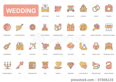 Wedding concept simple line icons set. Pack outline pictograms of invitation, church, rings, fireworks, cupid arrow, bride dress, gift, music and other. Vector elements for mobile app and web design 97806228