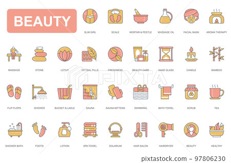 Beauty concept simple line icons set. Pack outline pictograms of slim girl, scale, massage oil, aromatherapy, herbal, candle, sauna, solarium and other. Vector elements for mobile app and web design 97806230