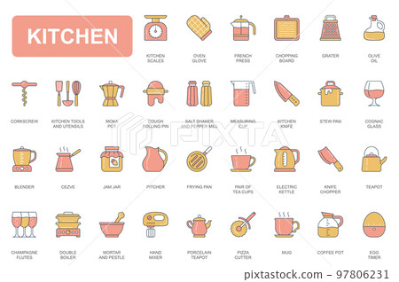 Kitchen concept simple line icons set. Pack outline pictograms of scales, oven glove, chopping board, grater, rolling pin, knife, pan, blender and other. Vector elements for mobile app and web design 97806231