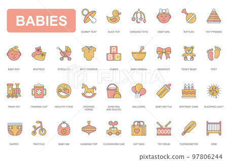 Babies concept simple line icons set. Pack outline pictograms of dummy teat, toys, bootees, stroller, teddy bear, crib, bottle, healthy food and other. Vector elements for mobile app and web design Babies concept simple line icons set. Pack outline pictograms of dummy teat, toys, bootees, stroller, teddy bear, crib, bottle, healthy food and other. Vector elements for mobile app and web design 97806244