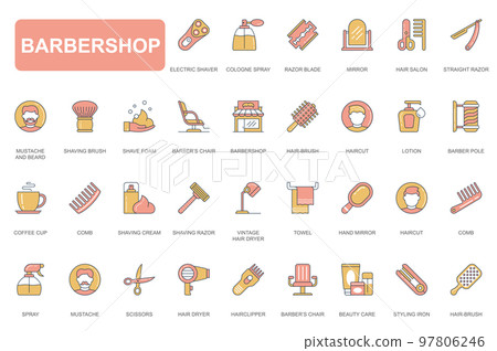 Barbershop concept simple line icons set. Pack outline pictograms of mirror, razor, mustache, beard, lotion, barber pole, scissors, shaver and other. Vector elements for mobile app and web design Barbershop concept simple line icons set. Pack outline pictograms of mirror, razor, mustache, beard, lotion, barber pole, scissors, shaver and other. Vector elements for mobile app and web design 97806246