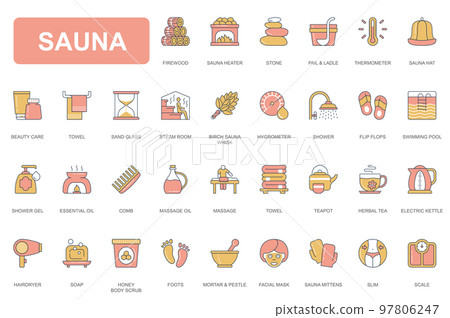 Sauna concept simple line icons set. Pack outline pictograms of stone, thermometer, beauty care, towel, hygrometer, swimming pool, soap, tea and other. Vector elements for mobile app and web design 97806247