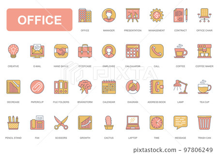 Office concept simple line icons set. Pack outline pictograms of management, presentation, creative, hand shake, brainstorm, contract, employee and other. Vector elements for mobile app and web design Office concept simple line icons set. Pack outline pictograms of management, presentation, creative, hand shake, brainstorm, contract, employee and other. Vector elements for mobile app and web design 97806249