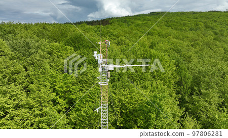 Station science weather meteorology research drone aerial atmospheric eddy, measuring ozone O3, carbon methane CH4, carbon dioxide CO2, nitrogen oxides N2O, mountain beech Fagus Europe Station science weather meteorology research drone aerial atmospheric eddy, measuring ozone O3, carbon methane CH4, carbon dioxide CO2, nitrogen oxides N2O, mountain beech Fagus Europe 97806281