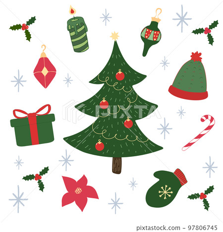 Christmas fancy attributes in green and red colors. Christmas festive set. Hand drawn elements. Vector art Christmas fancy attributes in green and red colors. Christmas festive set. Hand drawn elements. Vector art 97806745