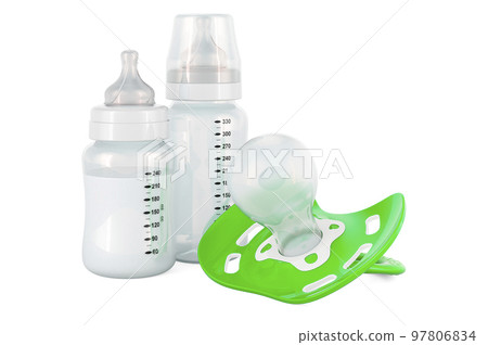 Baby bottles with baby pacifier, 3D rendering 97806834