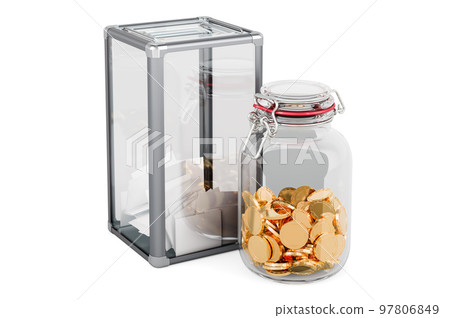 Ballot box with glass jar full of golden coins. Vote buying concept. 3D rendering 97806849