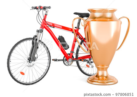 Bicycle with gold trophy cup award, 3D rendering 97806851