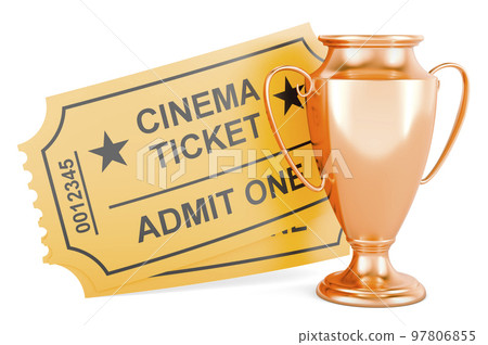 Cinema tickets with gold trophy cup award, 3D rendering 97806855