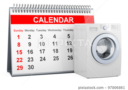 Desk calendar with washing machine, 3D rendering Desk calendar with washing machine, 3D rendering 97806861