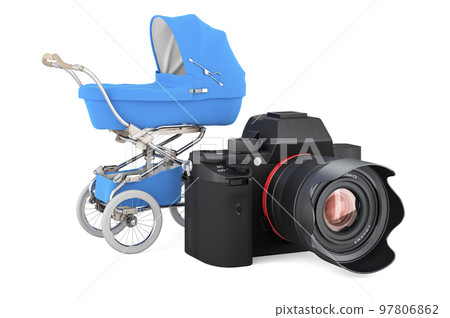 Digital camera with baby stroller, 3D rendering 97806862