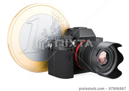Digital camera with euro coin, 3D rendering 97806867