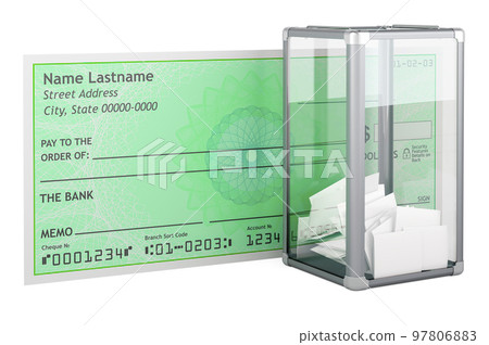 Election ballot box with blank bank check. Vote buying concept. 3D rendering 97806883