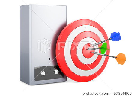 Home gas boiler and target with arrows. 3D rendering Home gas boiler and target with arrows. 3D rendering 97806906