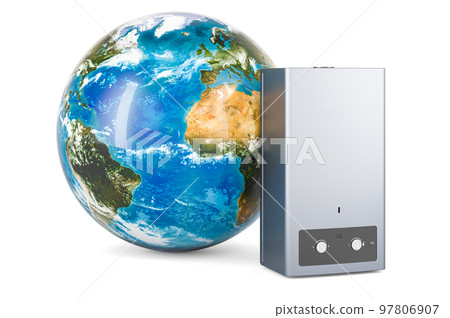 Home gas boiler with Earth Globe, 3D rendering Home gas boiler with Earth Globe, 3D rendering 97806907