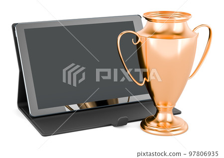 Tablet computer with gold trophy cup award, 3D rendering 97806935
