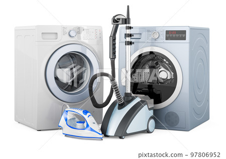 Washing machine, clothes dryer, electric steam iron and garment steamer, 3D rendering 97806952