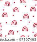 Valentines day simple seamless pattern with red and pink rainbows, hearts and flowers on white background. Can used for textile, paper , digital paper, clothes and other. 97807493