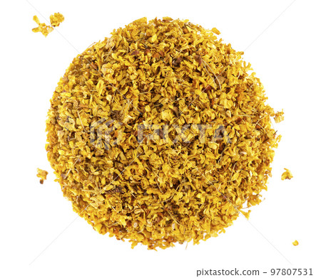 Osmanthus tea isolated on white background. Dry flowers of Osmanthus fragrans. Top view. Osmanthus tea isolated on white background. Dry flowers of Osmanthus fragrans. Top view. 97807531